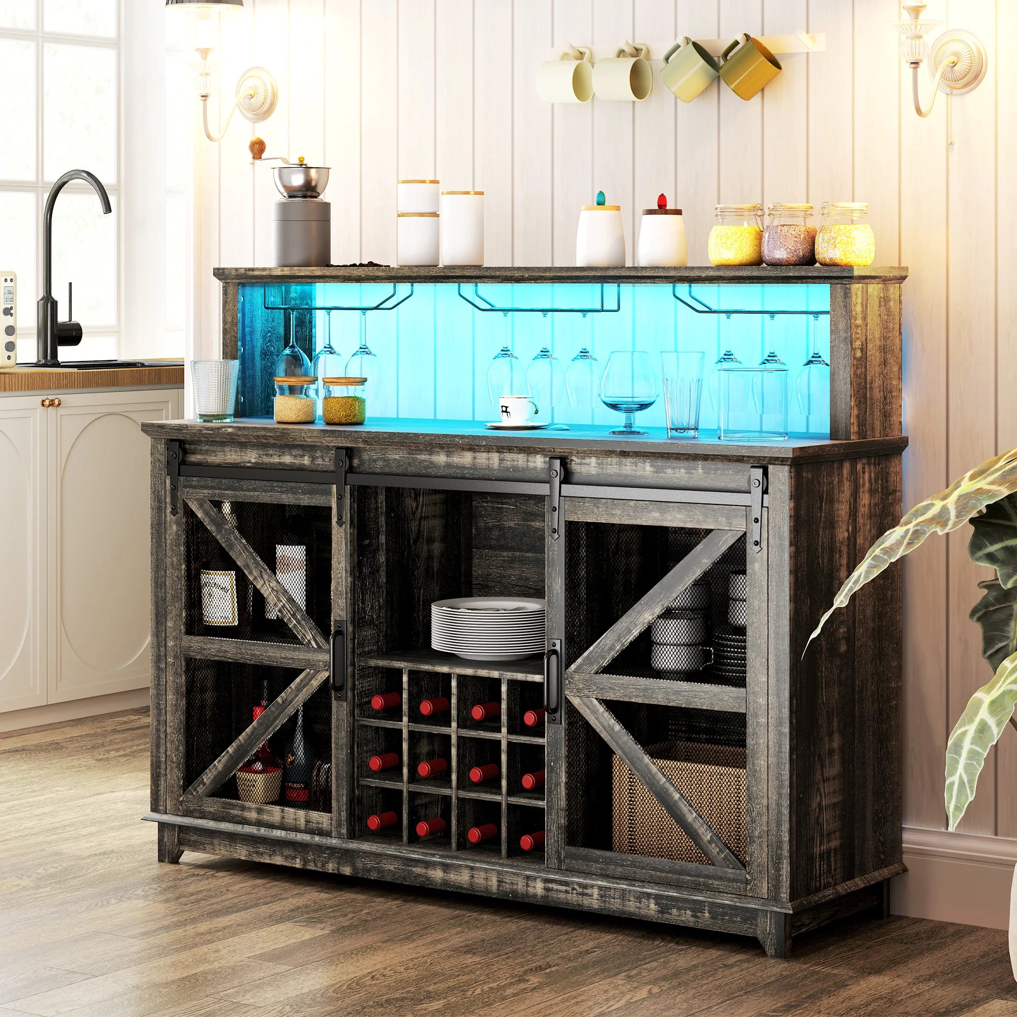 HOMCOM Farmhouse Coffee Bar Cabinet with Smart App Control LED Lights, 55" Wine Bar Cabinet with 12-Bottle Rack, Glass Holder, Kitchen Sideboard Buffet with Sliding Mesh Doors, Distressed Dark Brown
