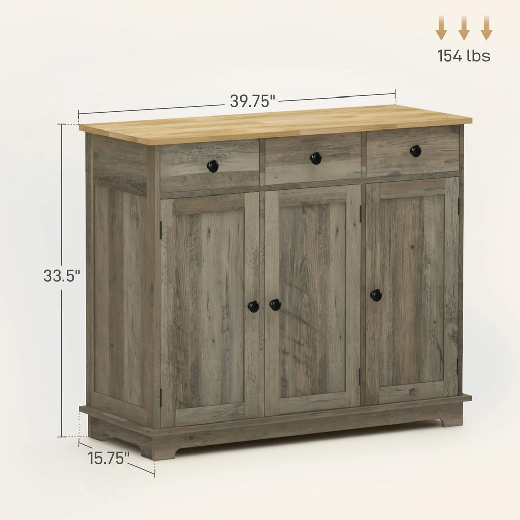 Sideboard Buffet Cabinet with Solid Wood Countertop, Modern Kitchen Storage Cabinet, Coffee Bar Cabinet with 3 Drawers, Doors and Adjustable Shelf, Distressed Gray