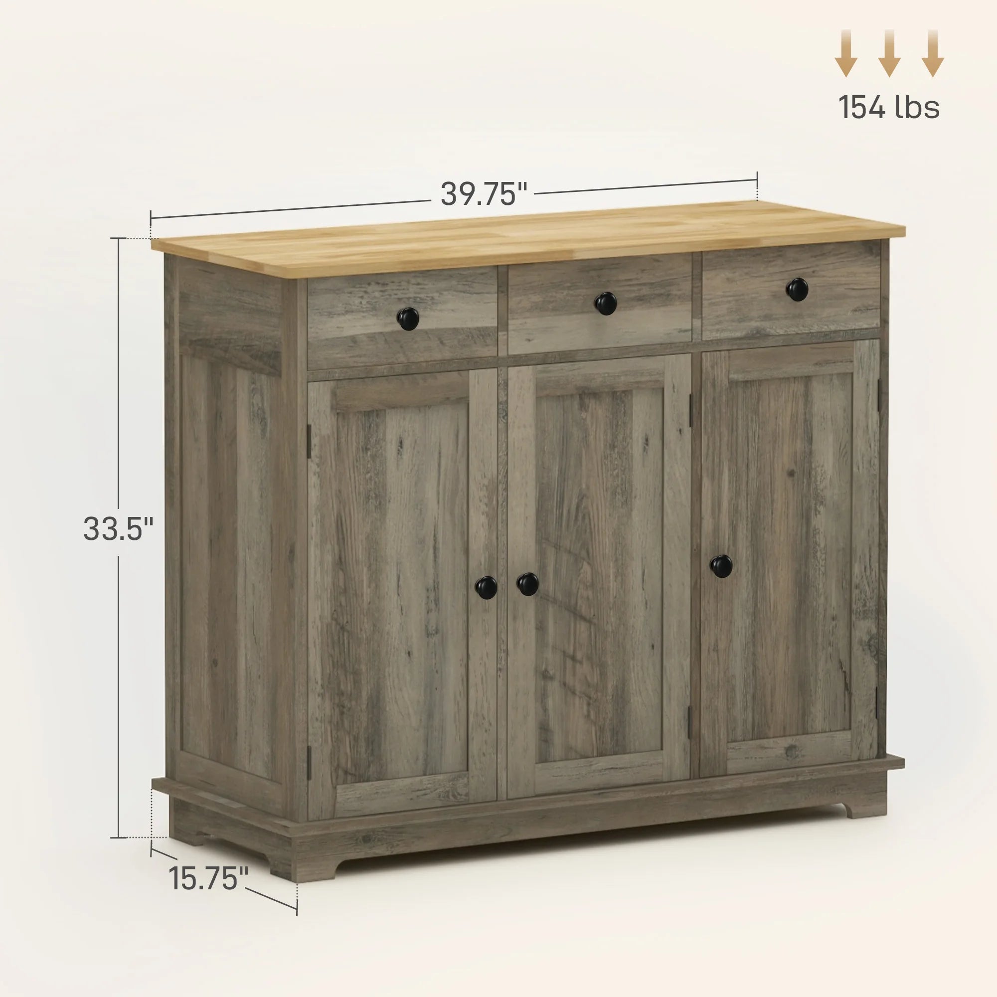 Sideboard Buffet Cabinet with Solid Wood Countertop, Modern Kitchen Storage Cabinet, Coffee Bar Cabinet with 3 Drawers, Doors and Adjustable Shelf, Distressed Gray