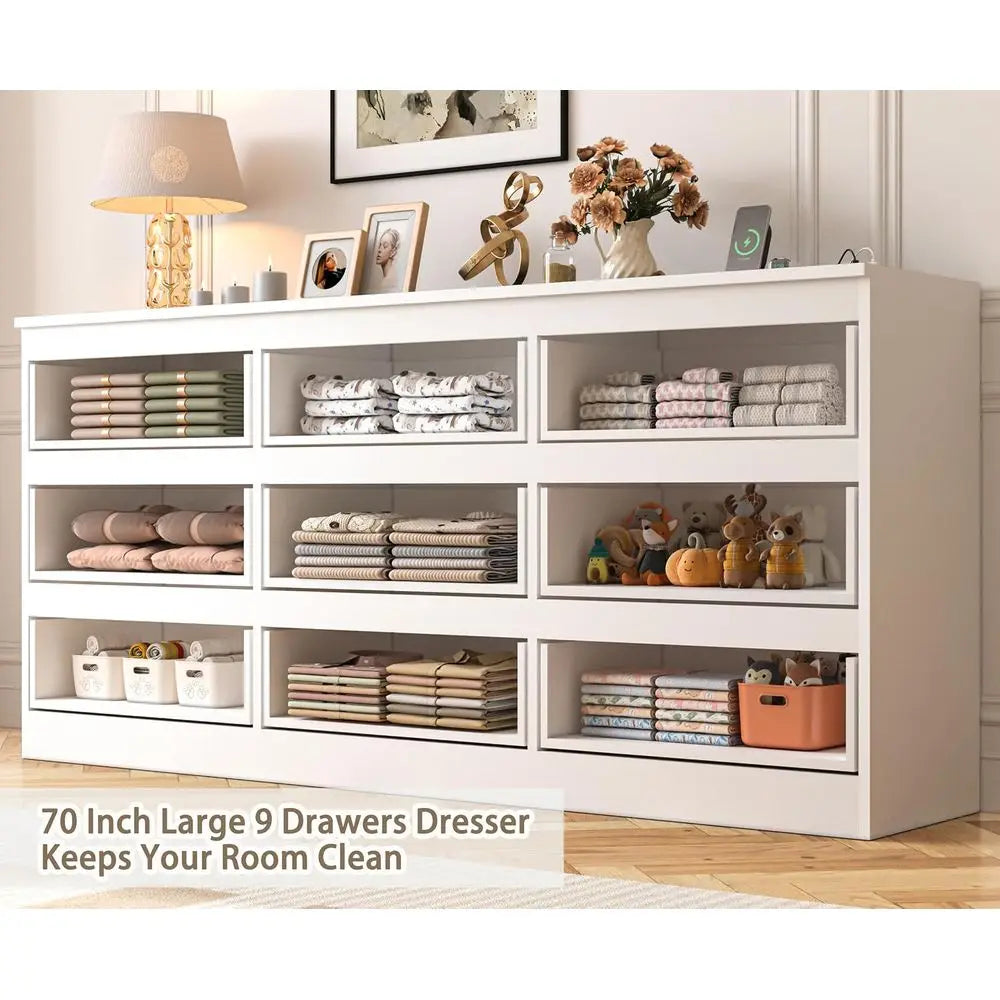 70 Inch Wide High Gloss White Chest of Drawers with Power Outlet for Large Storage in Bedroom