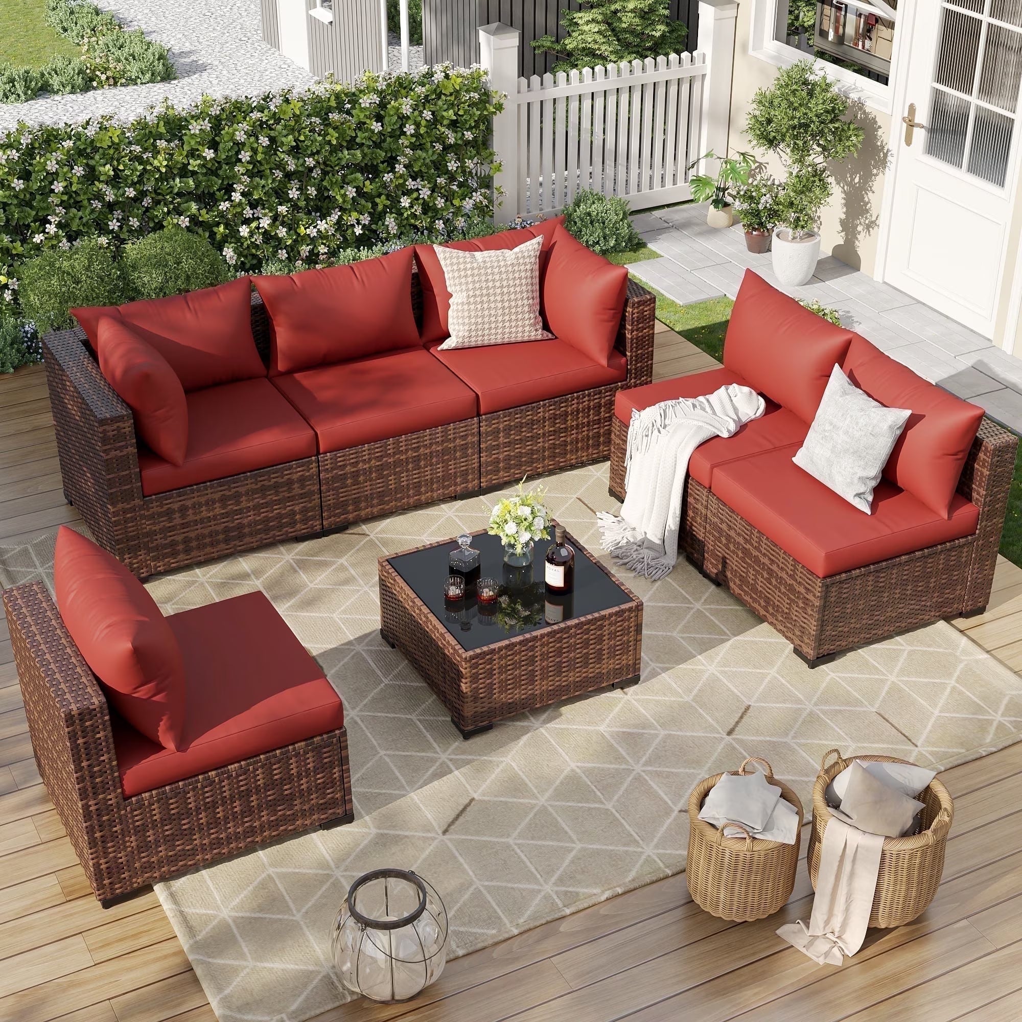7 Pieces Patio Furniture Set All Weather Outdoor Sectional Sofa, Outdoor Modern Sectional Furniture Wicker Couch with Glass Coffee Table, Thicken Navy Blue Cushions, Water Resistant
