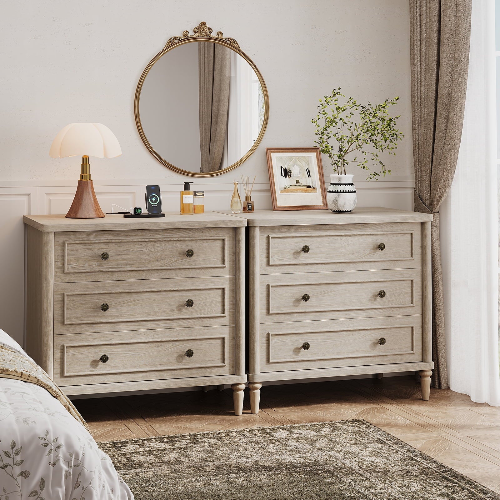Farmhouse Nightstand Set of 2 with 3 Drawers, Wood Bedside Table Night Stand with Charging Station, Sofa Side End Table for Bedroom, Living Room, Oak