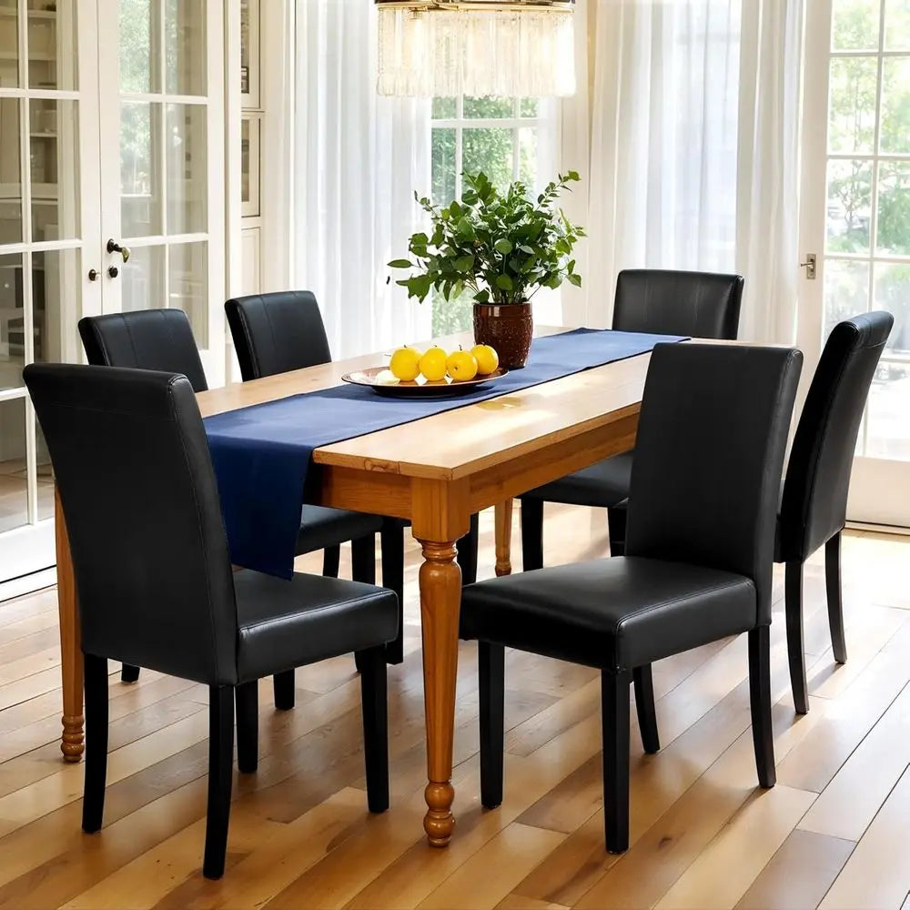 Set of 6 Leather Upholstered Dining Chairs with Solid Wood Legs – Black Classic