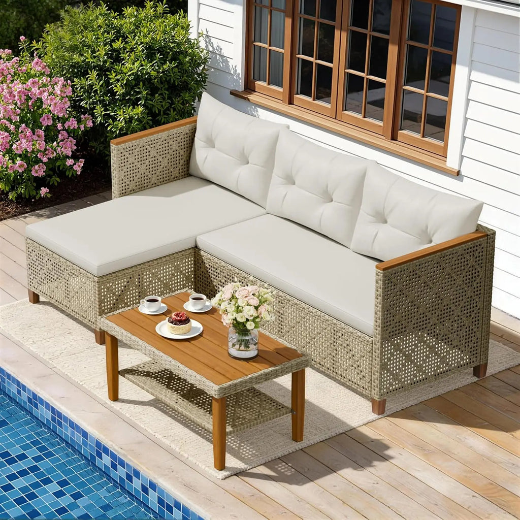 Patio Furniture Set 3 Piece Outdoor Sectional Sofa Hollow Rattan Patio Seating Sofa with Coffee Table & Ottoman For, Customized