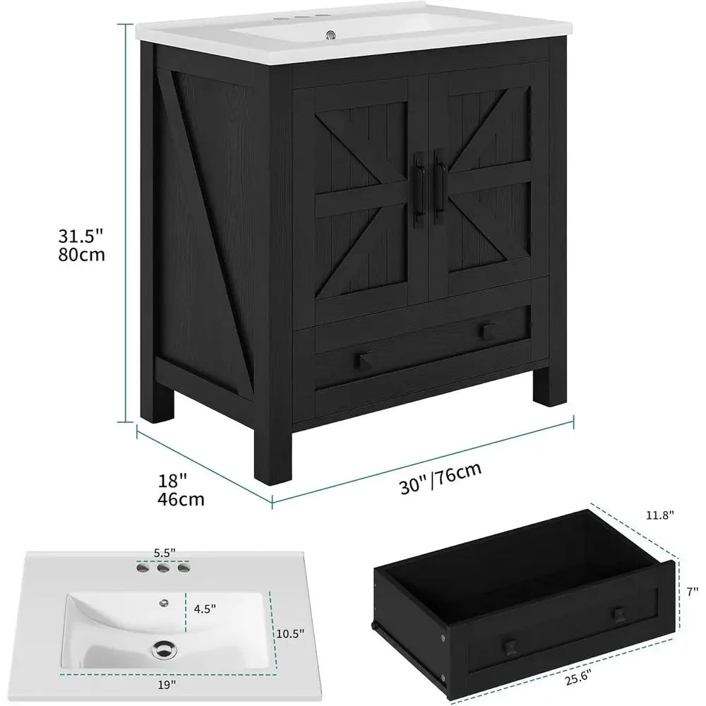 30-Inch Space-Saving Bathroom Vanity with Sink – Black Barn Door Storage Cabinet with Large Drawer & Built-In Door Racks