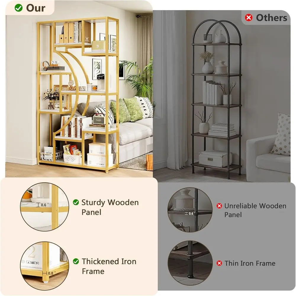 Luxe Marble White & Gold Bookshelf – 79" Wide Geometric Half-Moon Open Storage Shelf