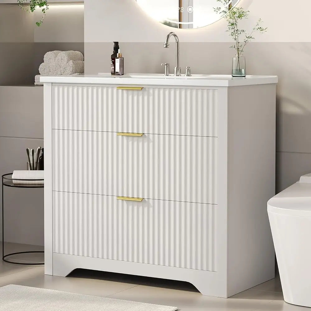 36-Inch Freestanding Bathroom Vanity with Sink – White Vanity with 2 Drawers & Drop-Down Drawer