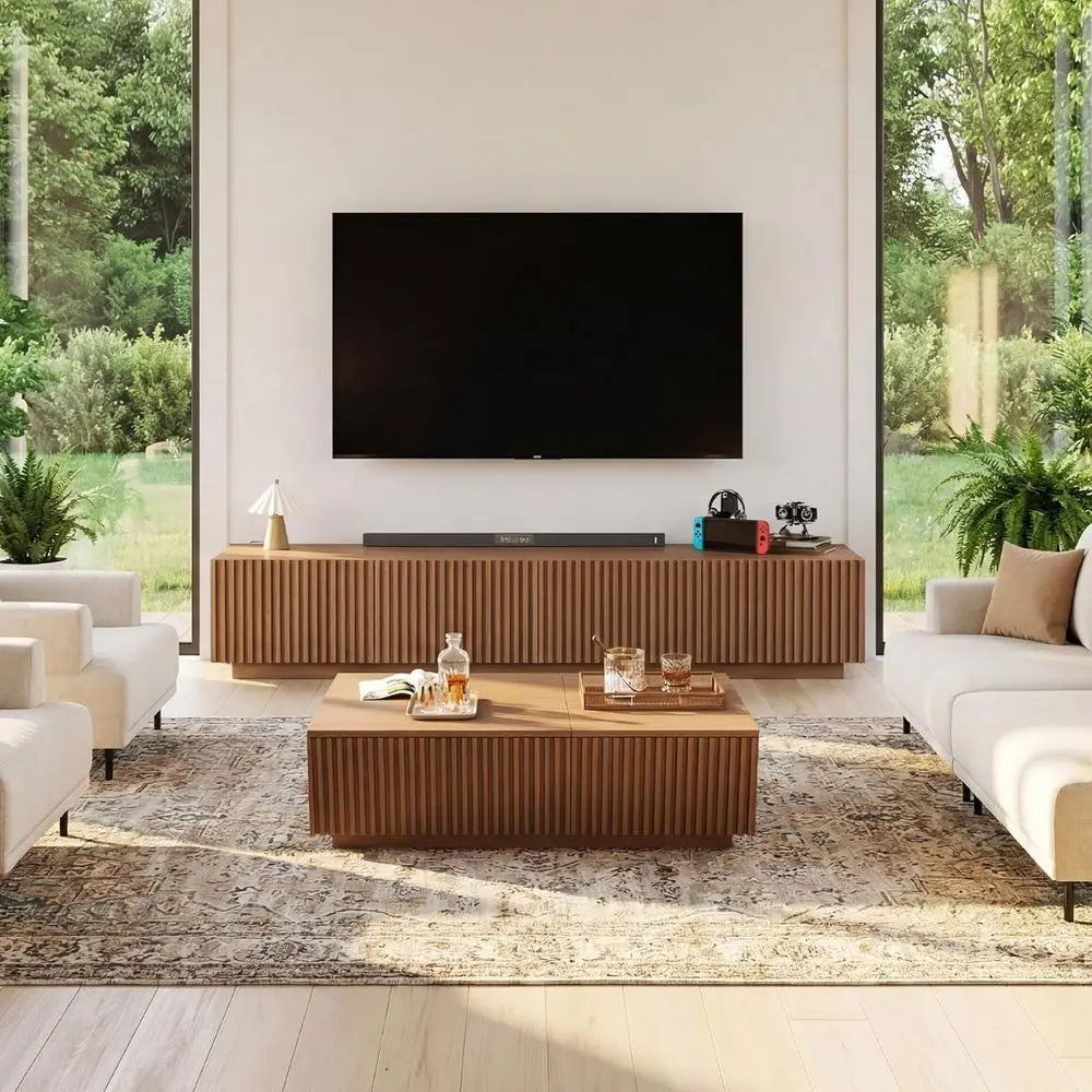 Walnut TV Stand for 85 Inch TVs with Storage Cabinets – Modern Brown Entertainment Center