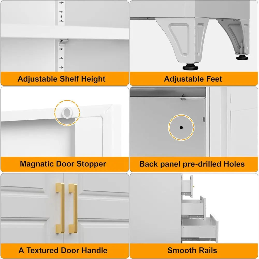 90" Tall Metal Pantry Cabinet with Doors, Shelves & Drawers – White