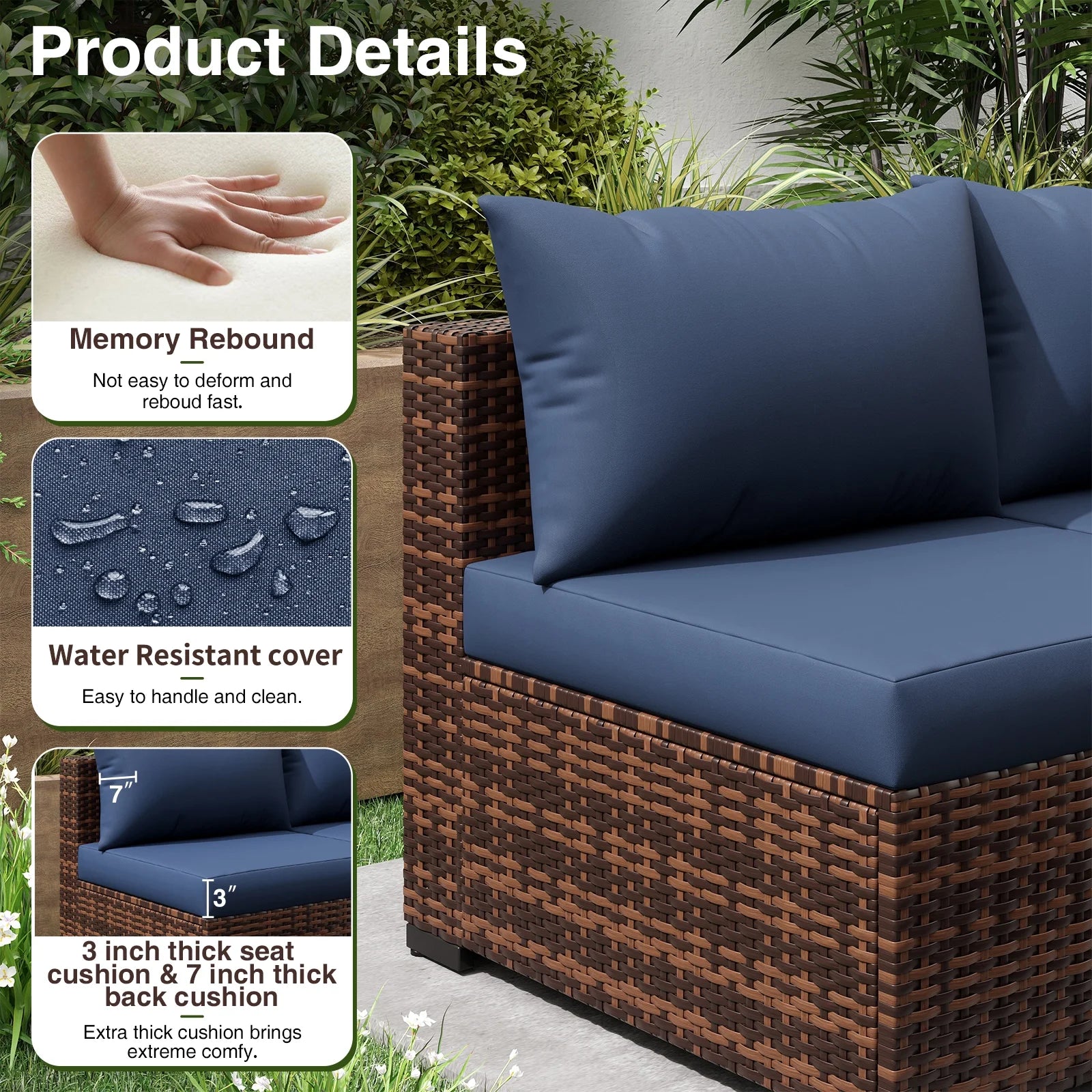 7 Pieces Patio Furniture Set All Weather Outdoor Sectional Sofa, Outdoor Modern Sectional Furniture Wicker Couch with Glass Coffee Table, Thicken Navy Blue Cushions, Water Resistant
