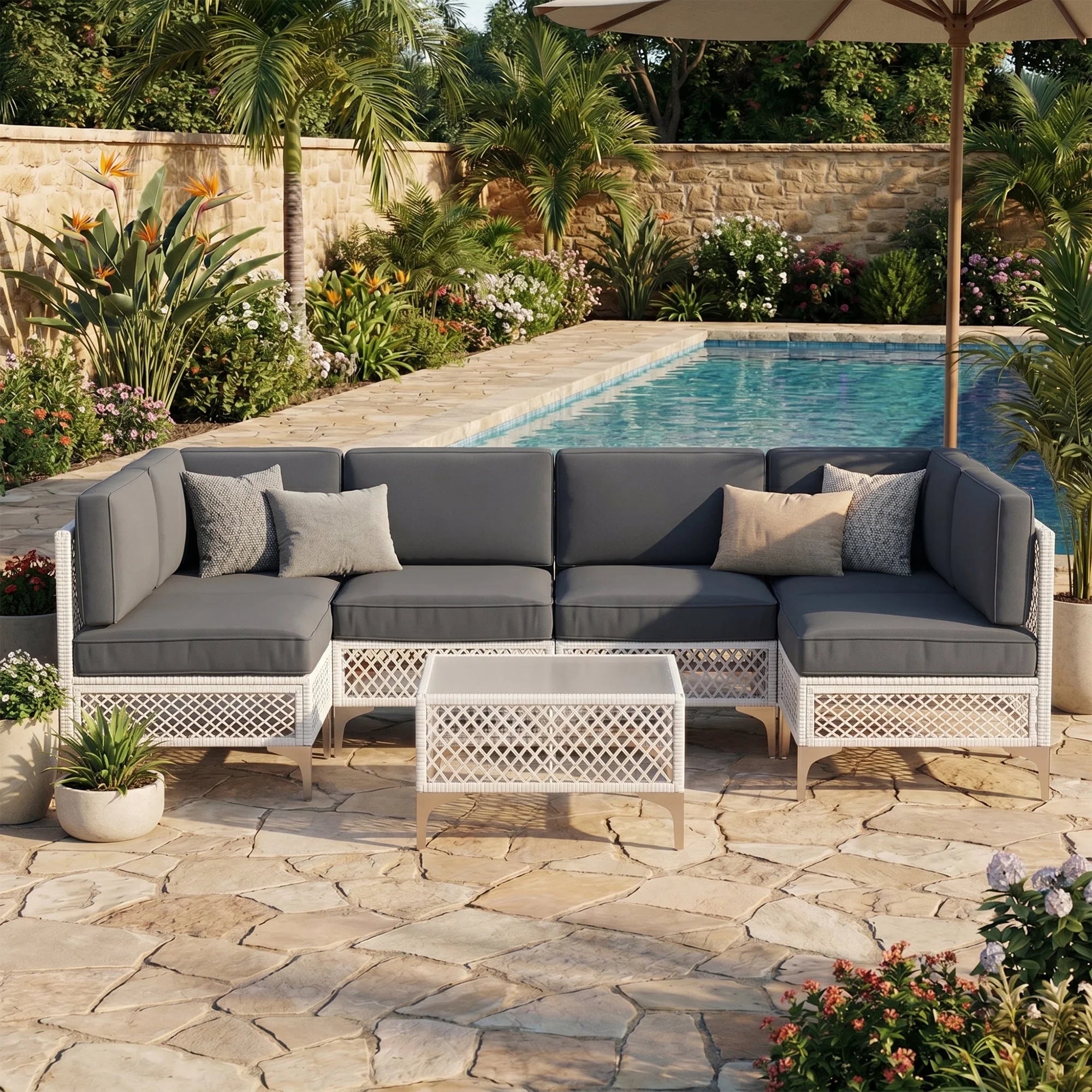 7-Piece Patio Furniture Set, Outdoor Wicker Conversation Set with Thick Cushions & Coffee Table for Backyard and Garden, Beige