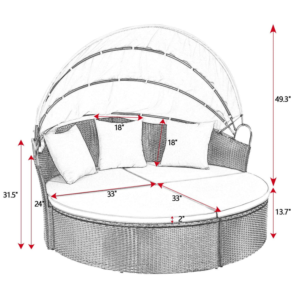 Outdoor Patio round Daybed with Retractable Canopy Wicker Furniture Sectional Seating with Washable Cushions for Patio Backyard Porch Pool Daybed Separated Seating (Beige)