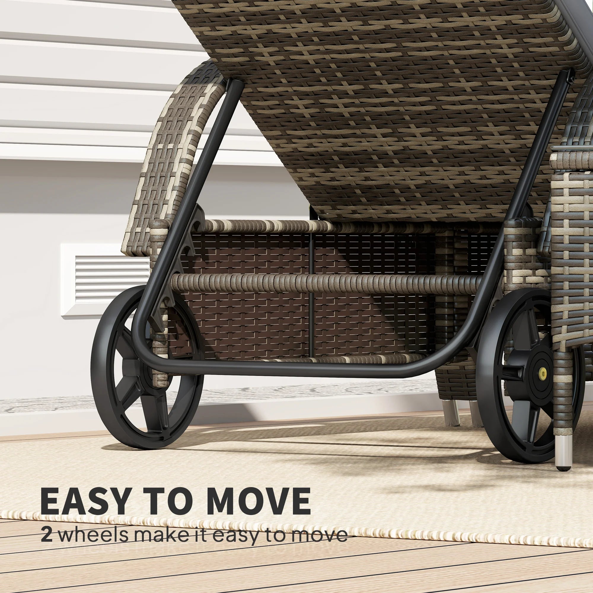 3Pc Outdoor Set, 2 Reclining Chairs, Cushions, Wheels, Side Table, Pe Wicker