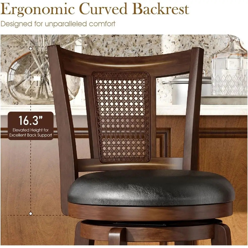 Set of 2, 26 High-Back Leatherette Counter Stools with Solid Wood Legs, Brown Kitchen Barstools