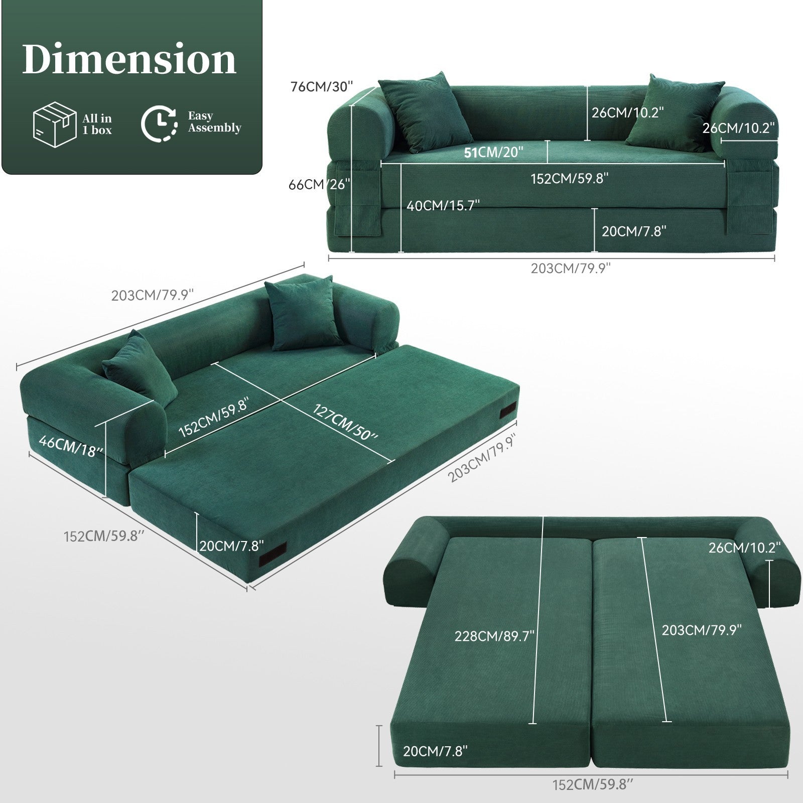 80" Queen Convertible Sofa Bed, No Assembly Modern Boneless Couch Sofa in Box