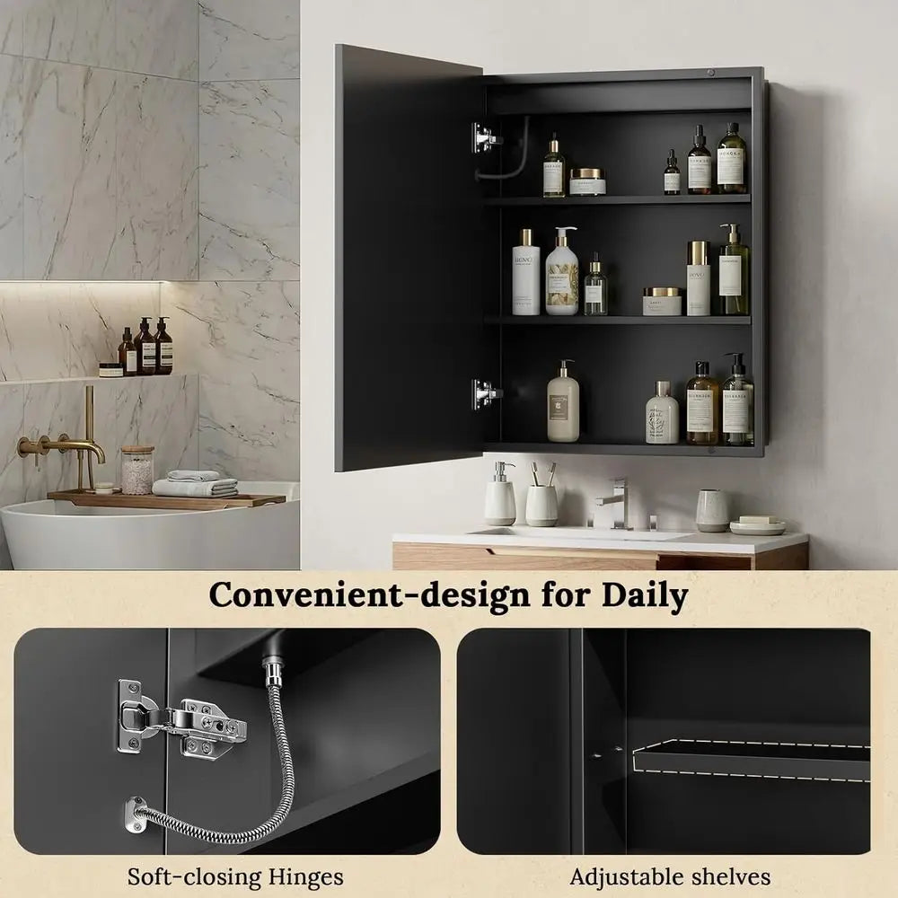30 x 36 LED Illuminated Medicine Cabinet with Mirror – Black Metal Bathroom Storage Cabinet with Adjustable Lighting & Anti-Fog Mirror