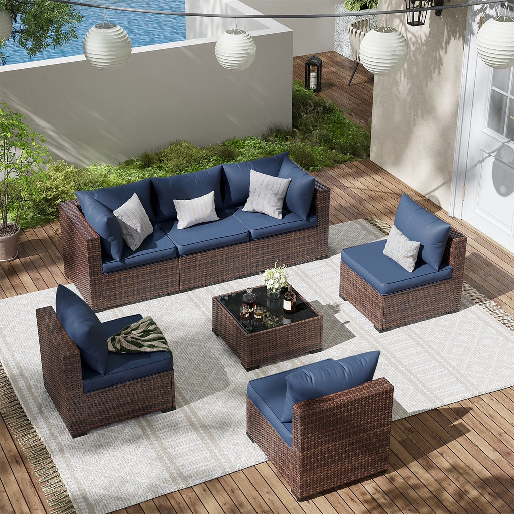 7 Pieces Patio Furniture Set All Weather Outdoor Sectional Sofa, Outdoor Modern Sectional Furniture Wicker Couch with Glass Coffee Table, Thicken Navy Blue Cushions, Water Resistant