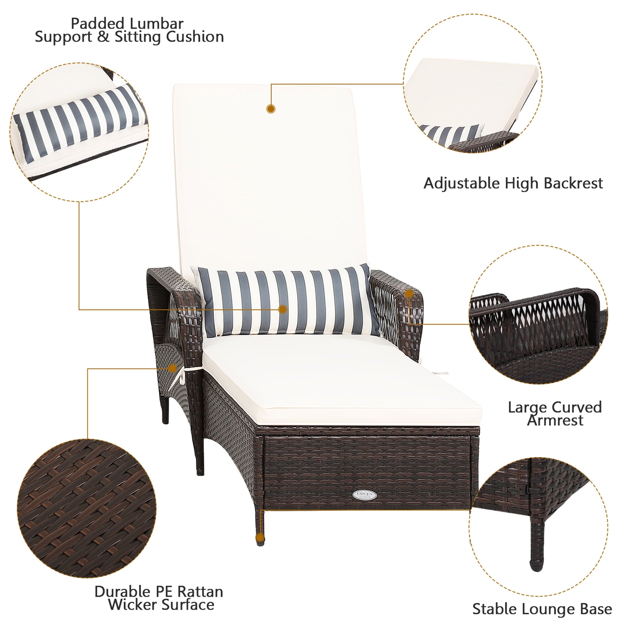 Rattan Patio Lounge Chair Chaise W/ Adjustable Backrest Cushion & Pillow