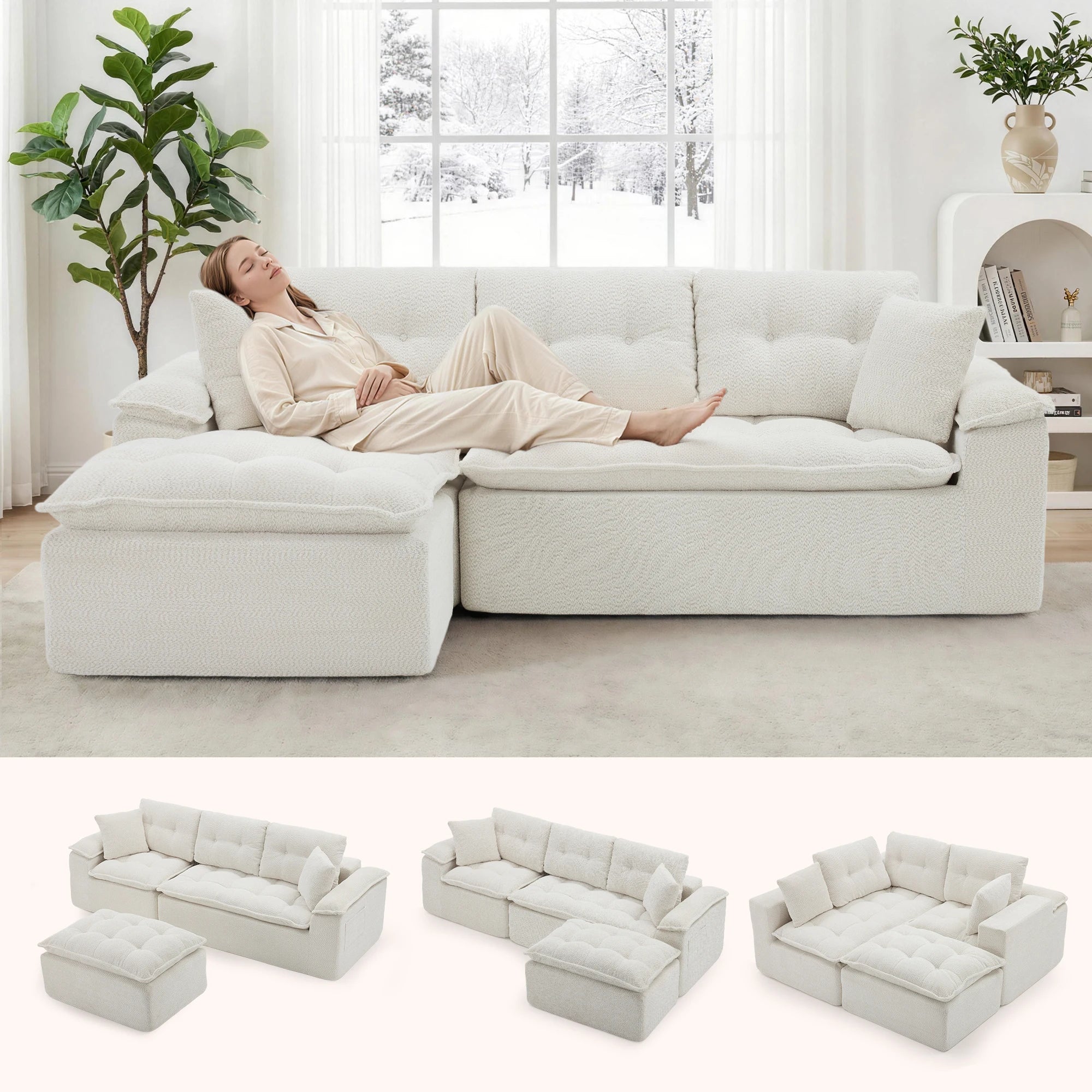 110" Modern L Shape Boneless Cloud Sectional Sofa, Chenille Deep Seat Modular Couch with Ottoman, No Assembly Needed for Living Room