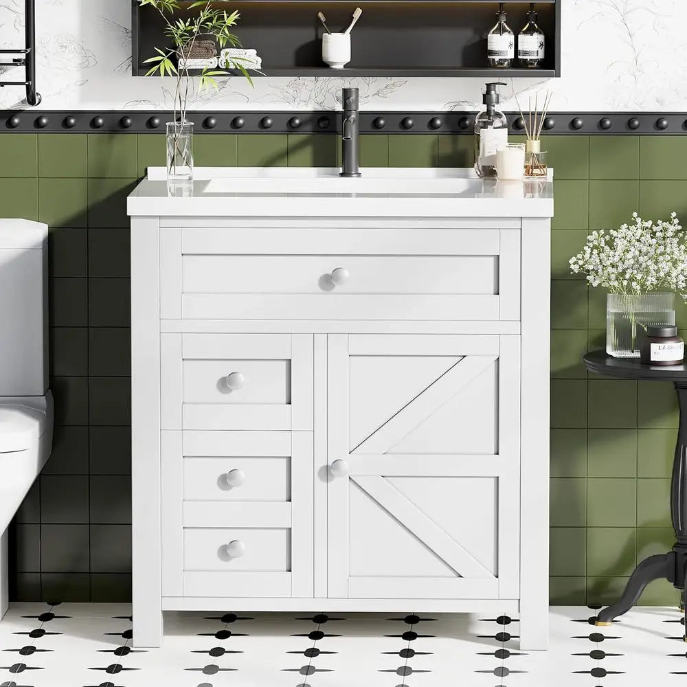 30-Inch Freestanding Bathroom Vanity with Single Sink – White Vanity with 2 Drawers, Drop-Down Drawer & Side Storage Cabinet