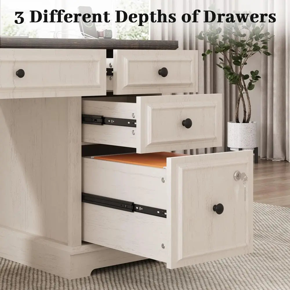 59" Executive Desk with Drawers, Lockable File Cabinet & Power Outlet – Warm White