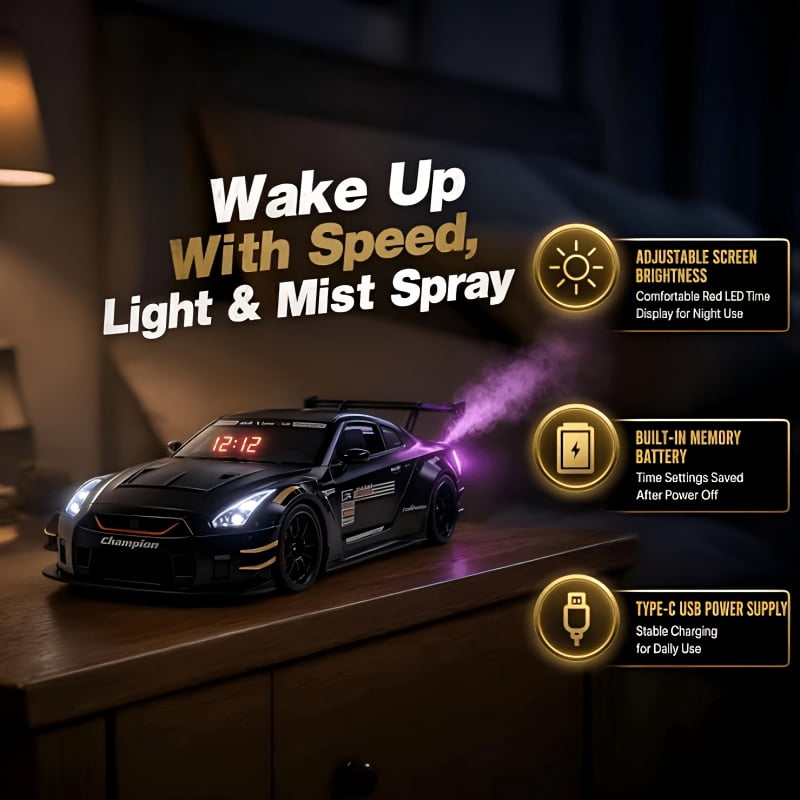 Hypercar Alarm Clock, Realistic Engine Sound with Light Show, Clear Digital Display, Spray Effect, Hypercar Model with Digital Clock, Desk Decor, Unique Gift for Car Enthusiasts
