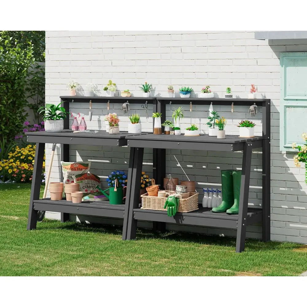 Outdoor 3-Tier Potting Bench with Storage, Angled Legs, and Tool Hooks - Heavy Duty Gardening Table for Patio and Backyard in Gr