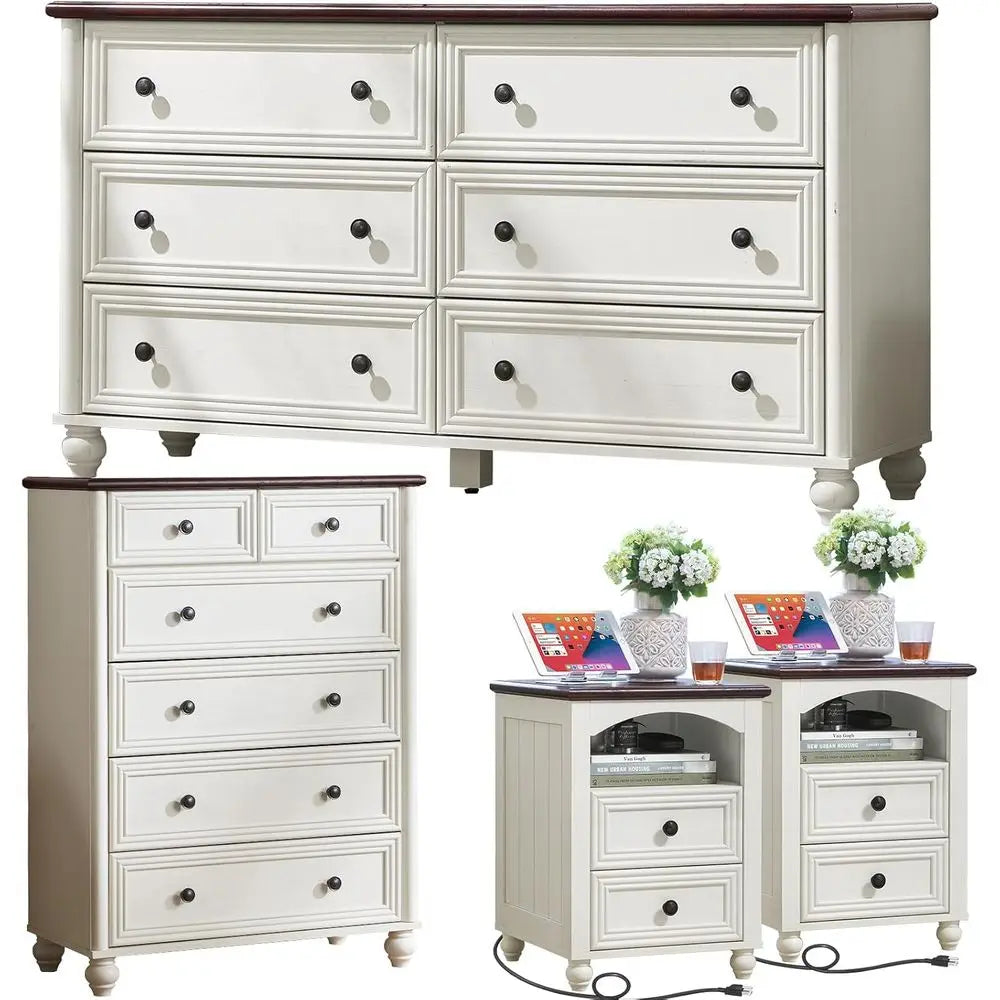 4-Piece Wooden Bedroom Furniture Set: 54 Wide Dresser & 43.5 Tall Chest with 18 Nightstands and Charging Stations