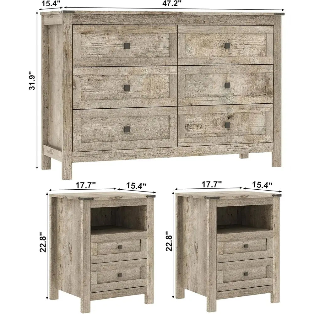 3-Piece Bedroom Furniture Set with 6-Drawer Dresser & 2 Nightstands – Rustic Gray