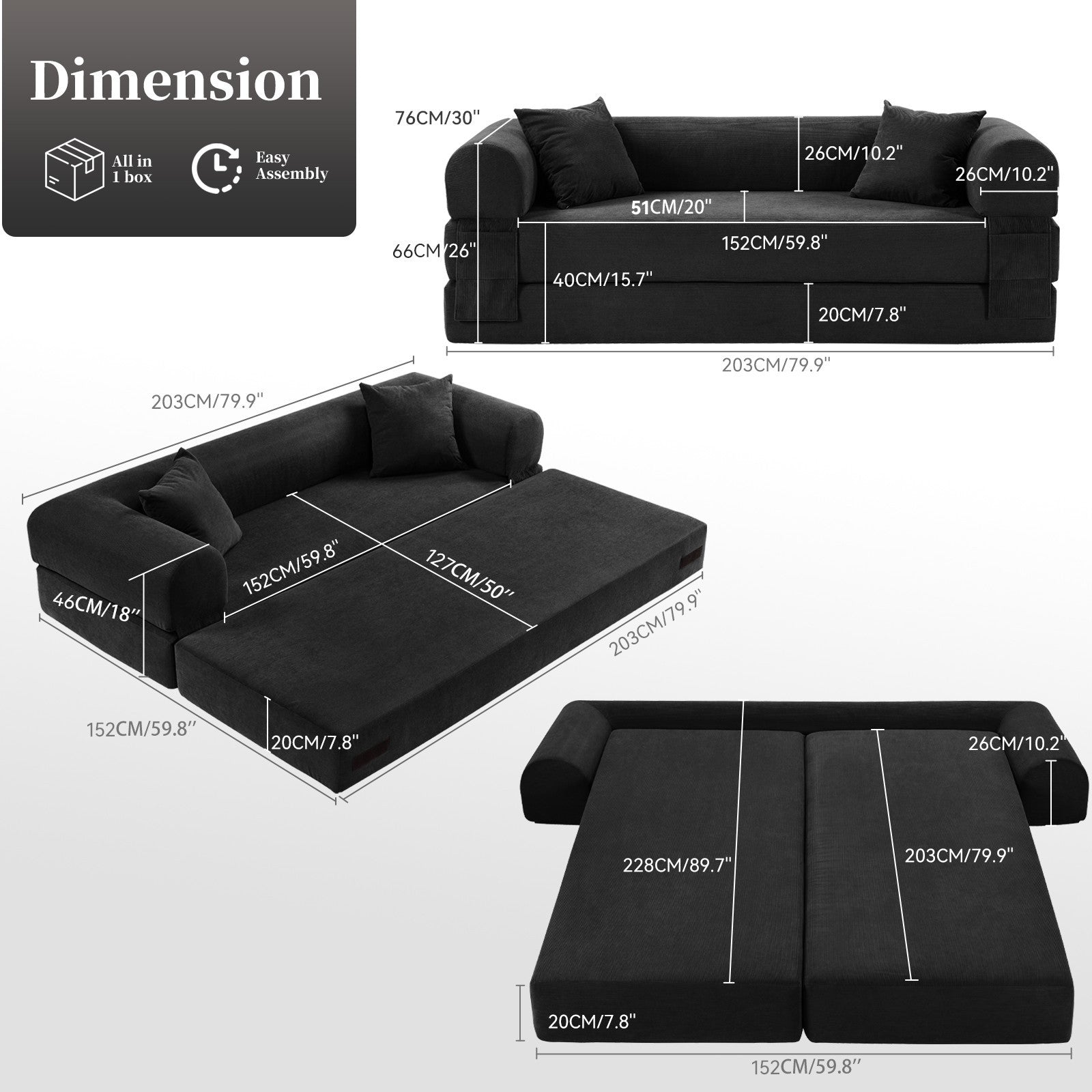 80" Queen Convertible Sofa Bed, No Assembly Modern Boneless Couch Sofa in Box