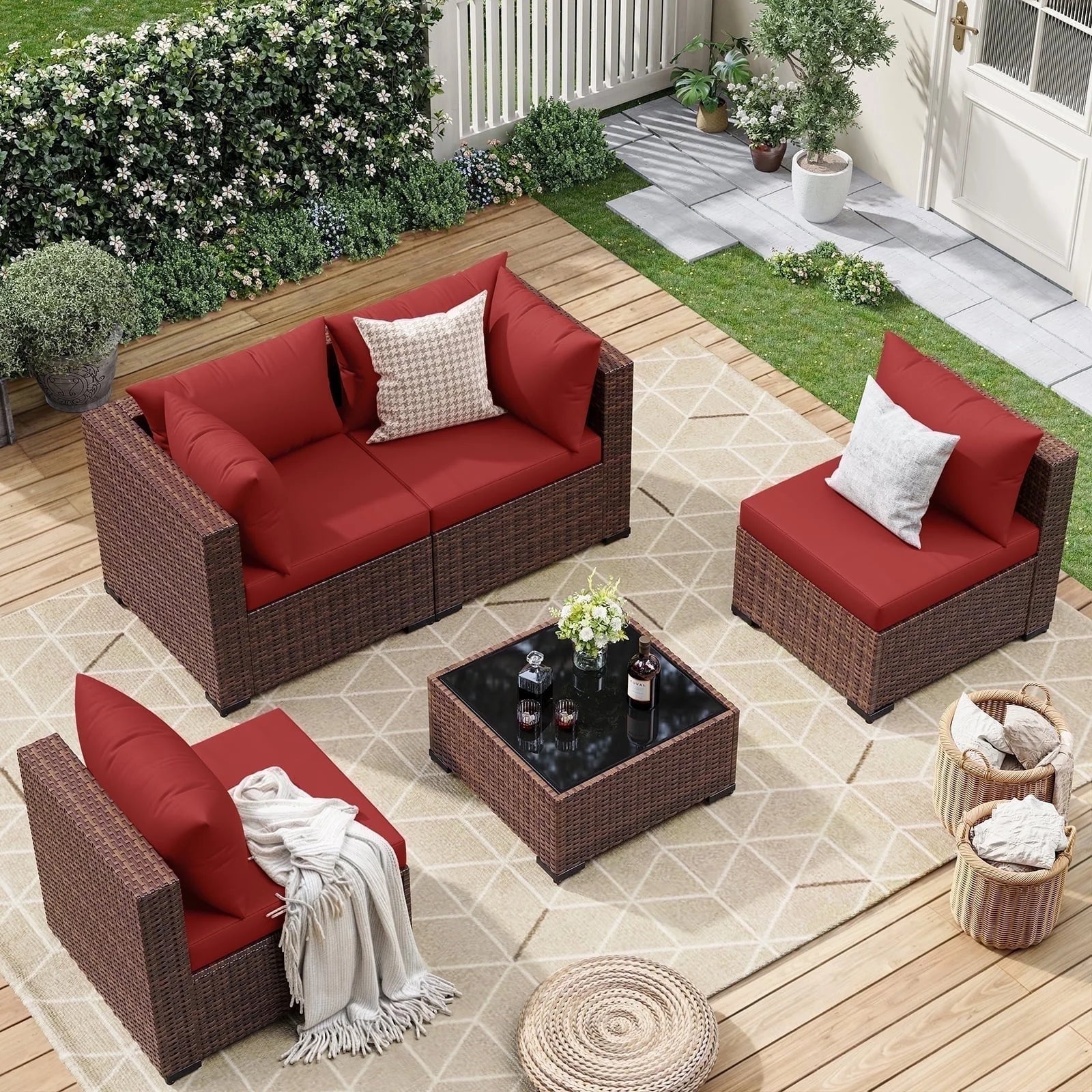 7 Pieces Patio Furniture Set All Weather Outdoor Sectional Sofa, Outdoor Modern Sectional Furniture Wicker Couch with Glass Coffee Table, Thicken Navy Blue Cushions, Water Resistant