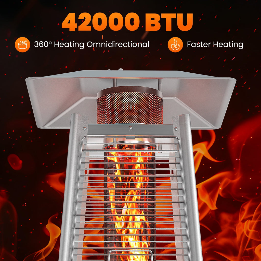 42000 BTU Outdoor Propane Patio Heater Tower with Wheels, Stainless Steel