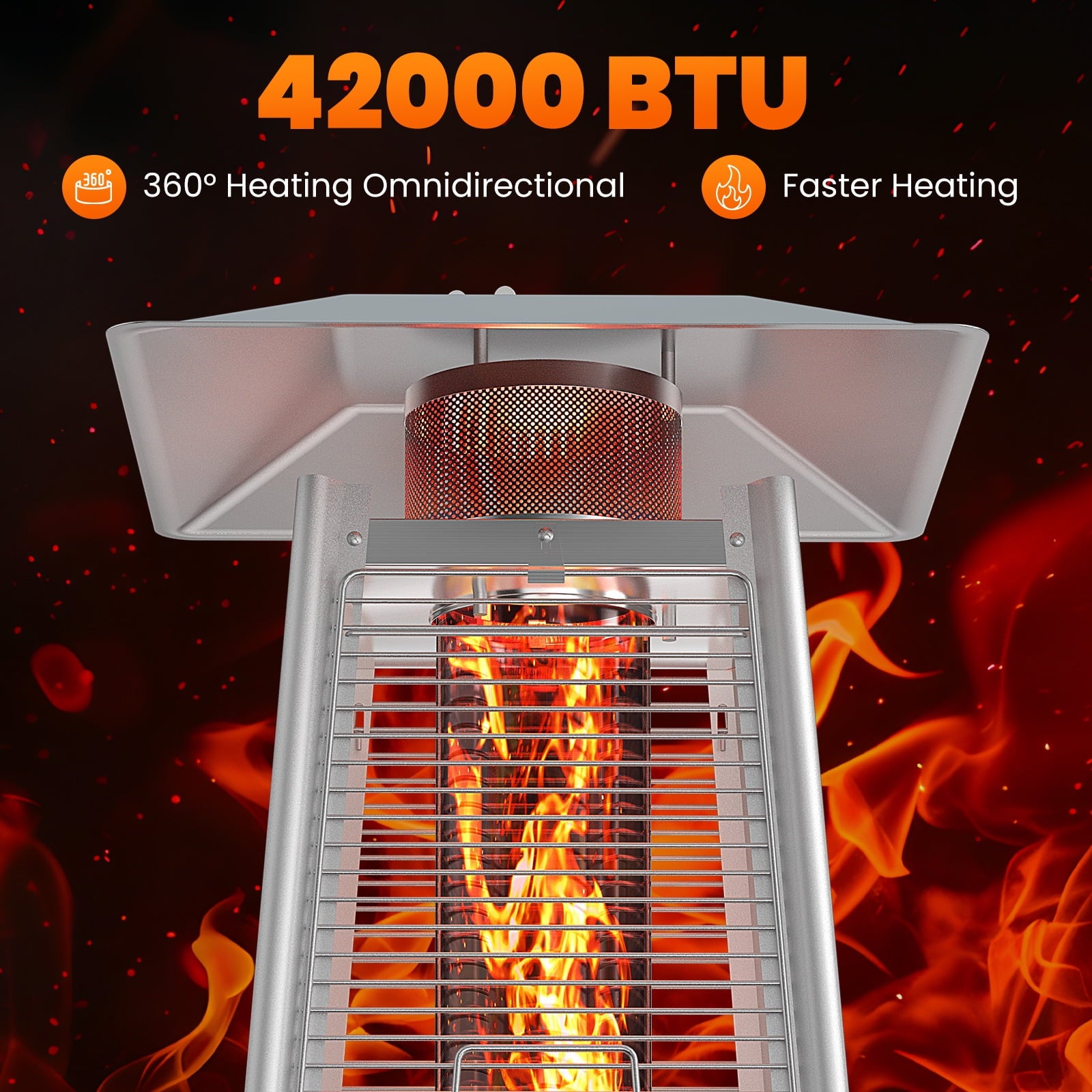 42000 BTU Outdoor Propane Patio Heater Tower with Wheels, Stainless Steel
