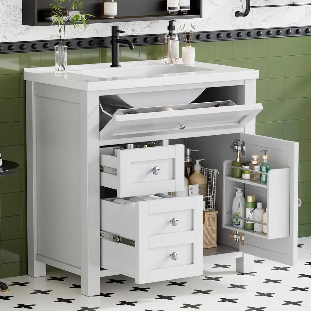 30-Inch Freestanding Bathroom Vanity with Single Sink – White Vanity with 2 Drawers, Drop-Down Drawer & Side Storage Cabinet