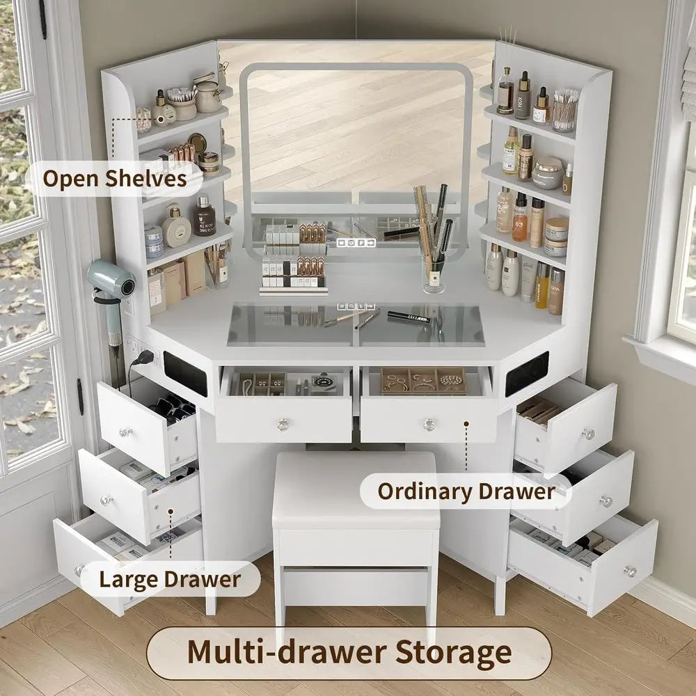 White Makeup Vanity Desk with Built-In Speaker, 8 Drawers, Glass Top & 3-Color LED Lighting
