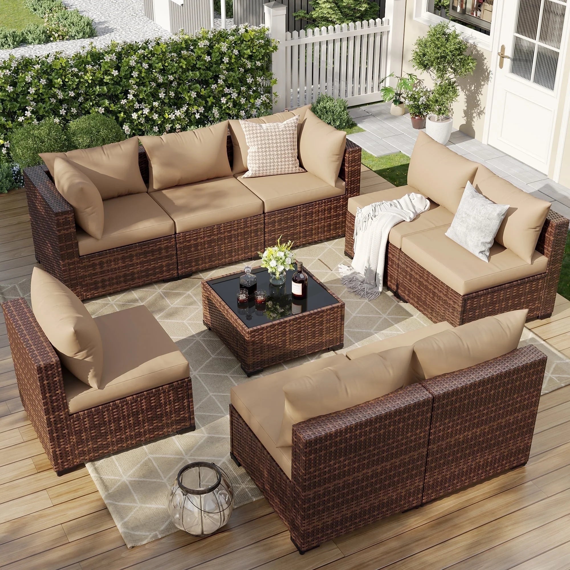 7 Pieces Patio Furniture Set All Weather Outdoor Sectional Sofa, Outdoor Modern Sectional Furniture Wicker Couch with Glass Coffee Table, Thicken Navy Blue Cushions, Water Resistant