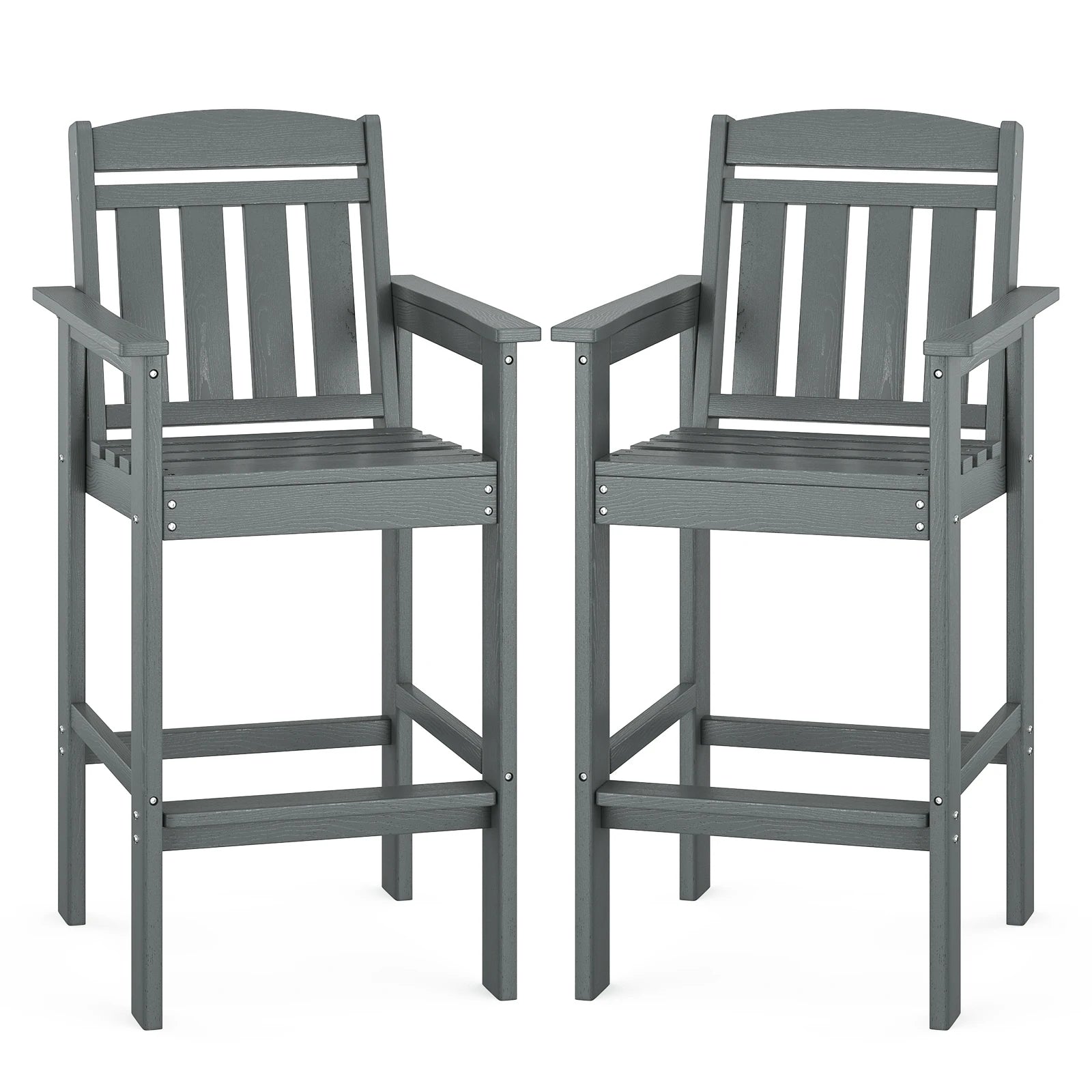 Set of 2 Tall Adirondack Chairs, HDPE Bar Stools with Connecting Tray, All-Weather Patio Chair, Bar Height for Balcony