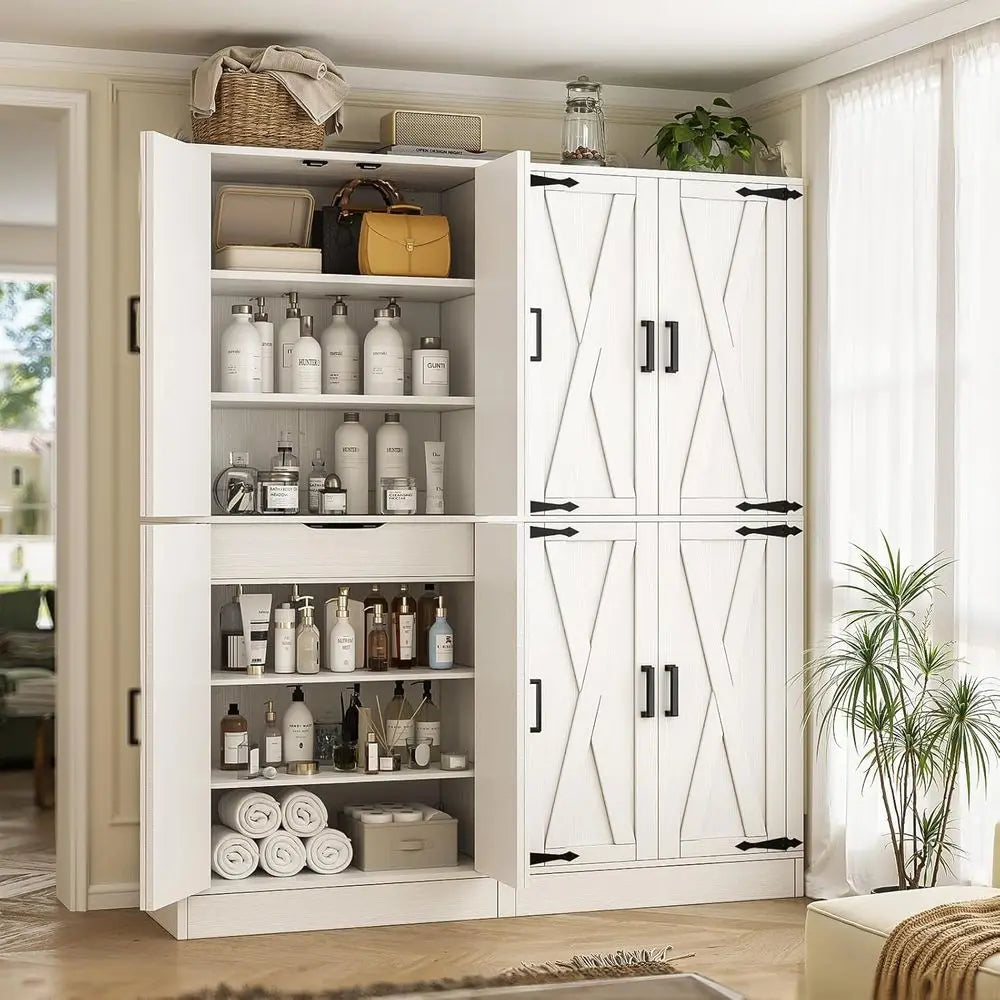 71 Tall Double Kitchen Pantry Cabinet with 8 Adjustable Shelves, White, Suitable for Dining, Living, and Utility Rooms