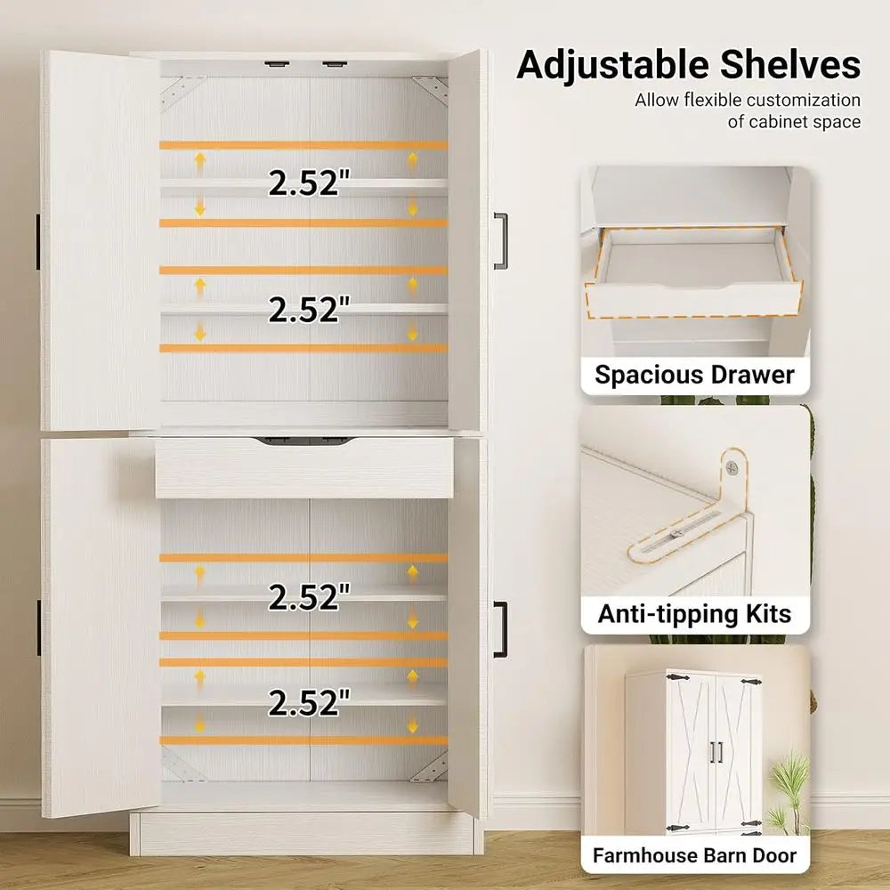 71 Tall Double Kitchen Pantry Cabinet with 8 Adjustable Shelves, White, Suitable for Dining, Living, and Utility Rooms