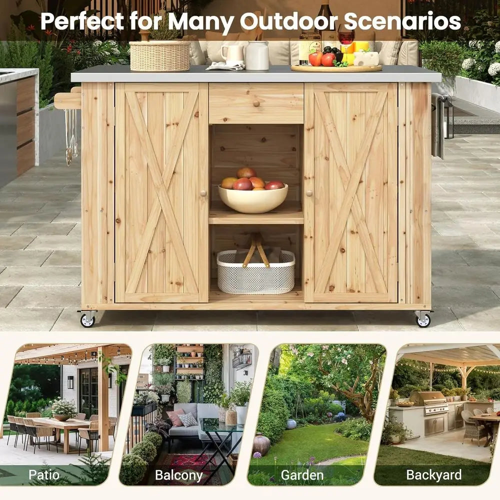 Outdoor Grill Cart with Stainless Steel Top, Patio Kitchen Island Storage Cabinet, BBQ Bar