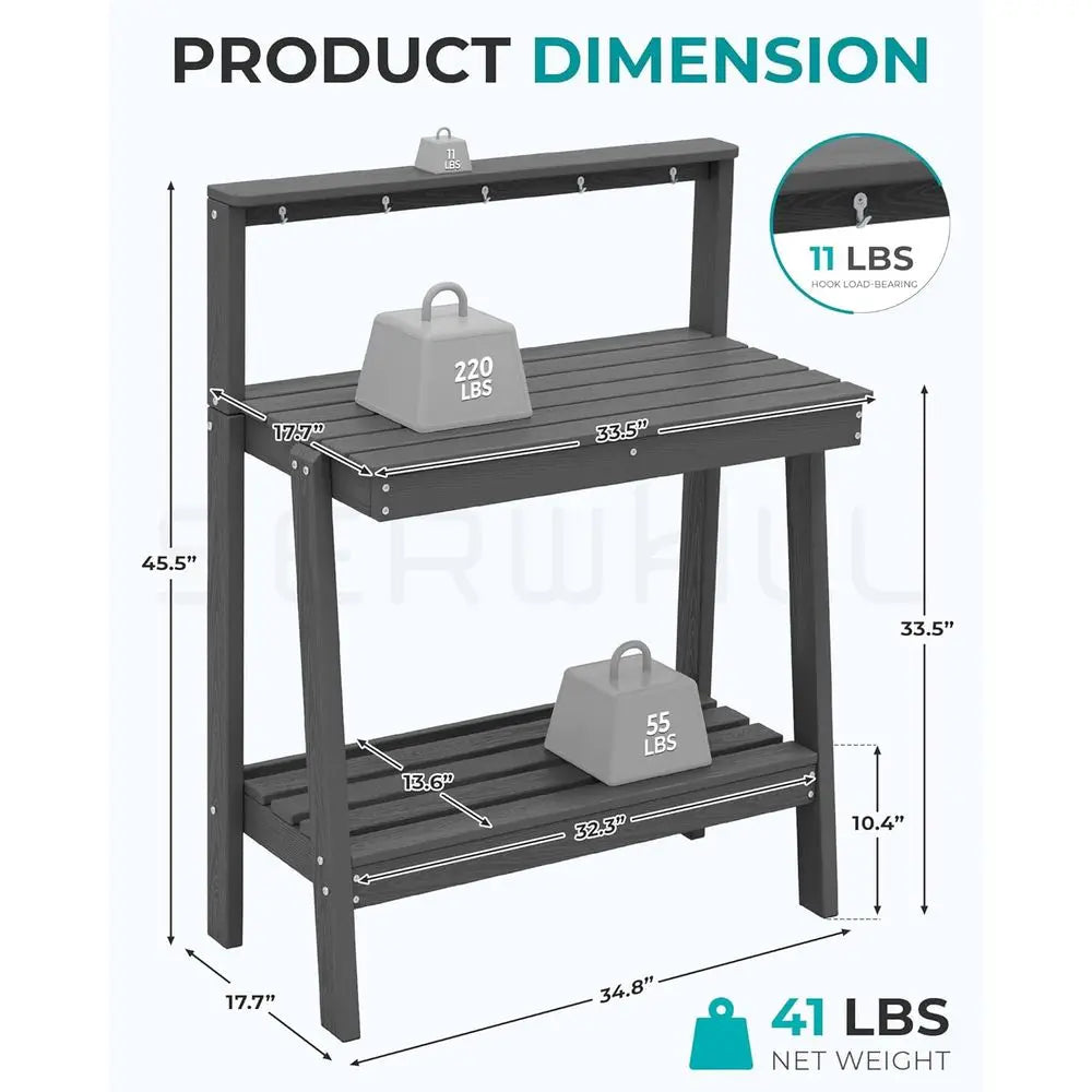 Outdoor 3-Tier Potting Bench with Storage, Angled Legs, and Tool Hooks - Heavy Duty Gardening Table for Patio and Backyard in Gr