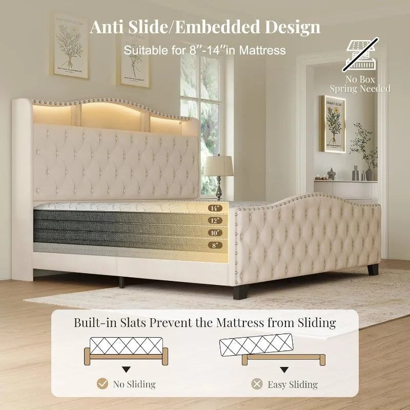 Belffin King Size Velvet Wingback Bed Frame with LED Lights & Charging Station