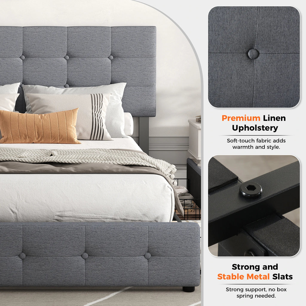 Queen - Full Size Upholstered Platform Bed Frame with Adjustable Headboard – Noise-Free Metal Support