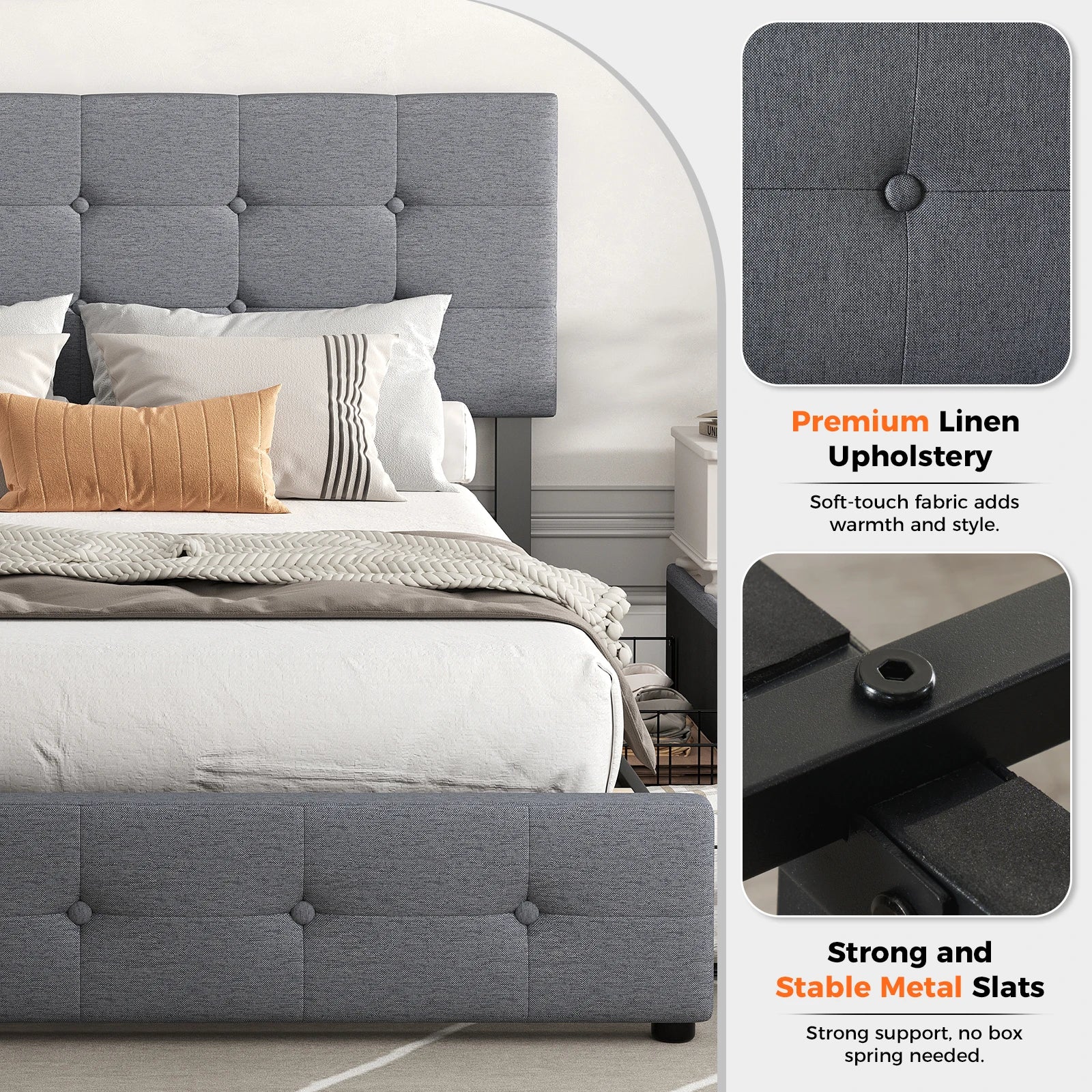 Queen - Full Size Upholstered Platform Bed Frame with Adjustable Headboard – Noise-Free Metal Support