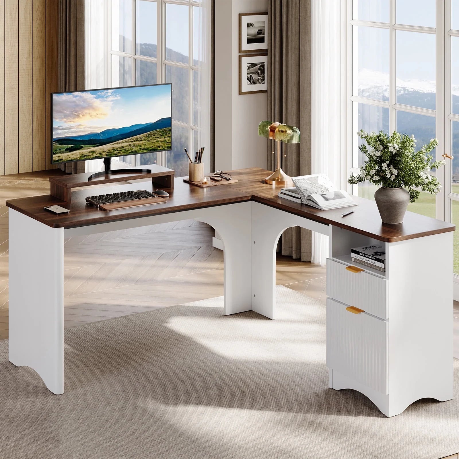 L Shaped Desk with Drawers, 55.7" X 55" Office Computer Desk with round Corners, Monitor Stand & Fluted Panels, Natural Oak