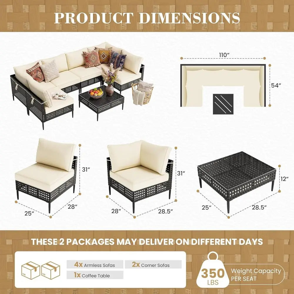 7-Piece High-Leg Outdoor Sectional Patio Sofa Set with Glass Coffee Table, Ideal for Garden, Deck, Poolside - Black