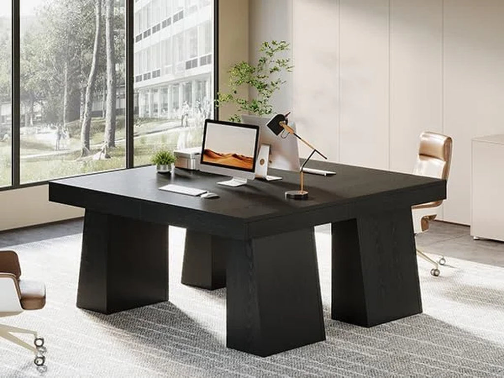 Large Wood Executive Desk, 55" Rectangle Office Desk with Double Pedestal, Modern Minimalist Computer Desk Workstations Conference Table Furniture for Home Office(Black)