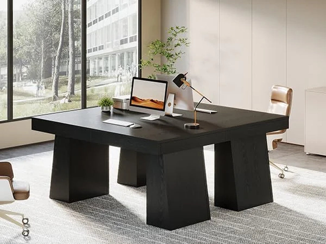 Large Wood Executive Desk, 55" Rectangle Office Desk with Double Pedestal, Modern Minimalist Computer Desk Workstations Conference Table Furniture for Home Office(Black)