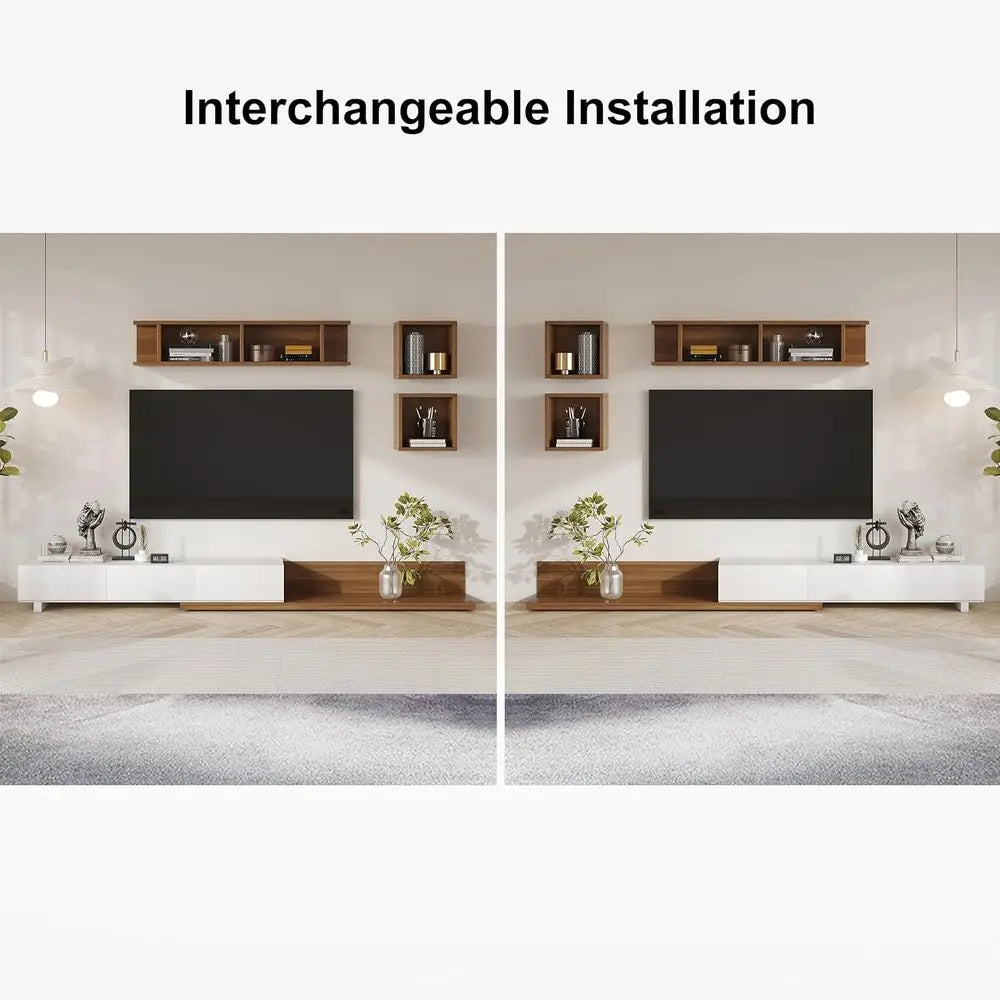 Modern TV Stand Entertainment Center with Shelves – White & Walnut
