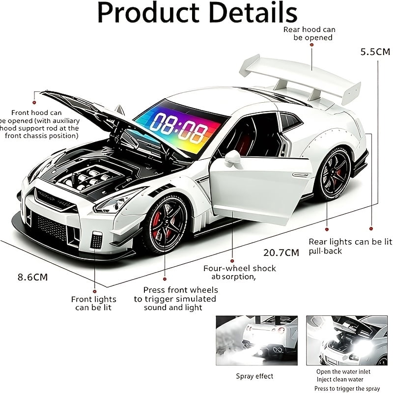 Hypercar Alarm Clock, Realistic Engine Sound with Light Show, Clear Digital Display, Spray Effect, Hypercar Model with Digital Clock, Desk Decor, Unique Gift for Car Enthusiasts